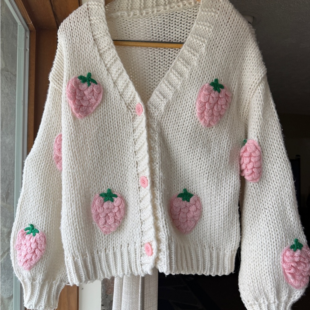 Cream Cardigan with Pink Strawberry Appliqués